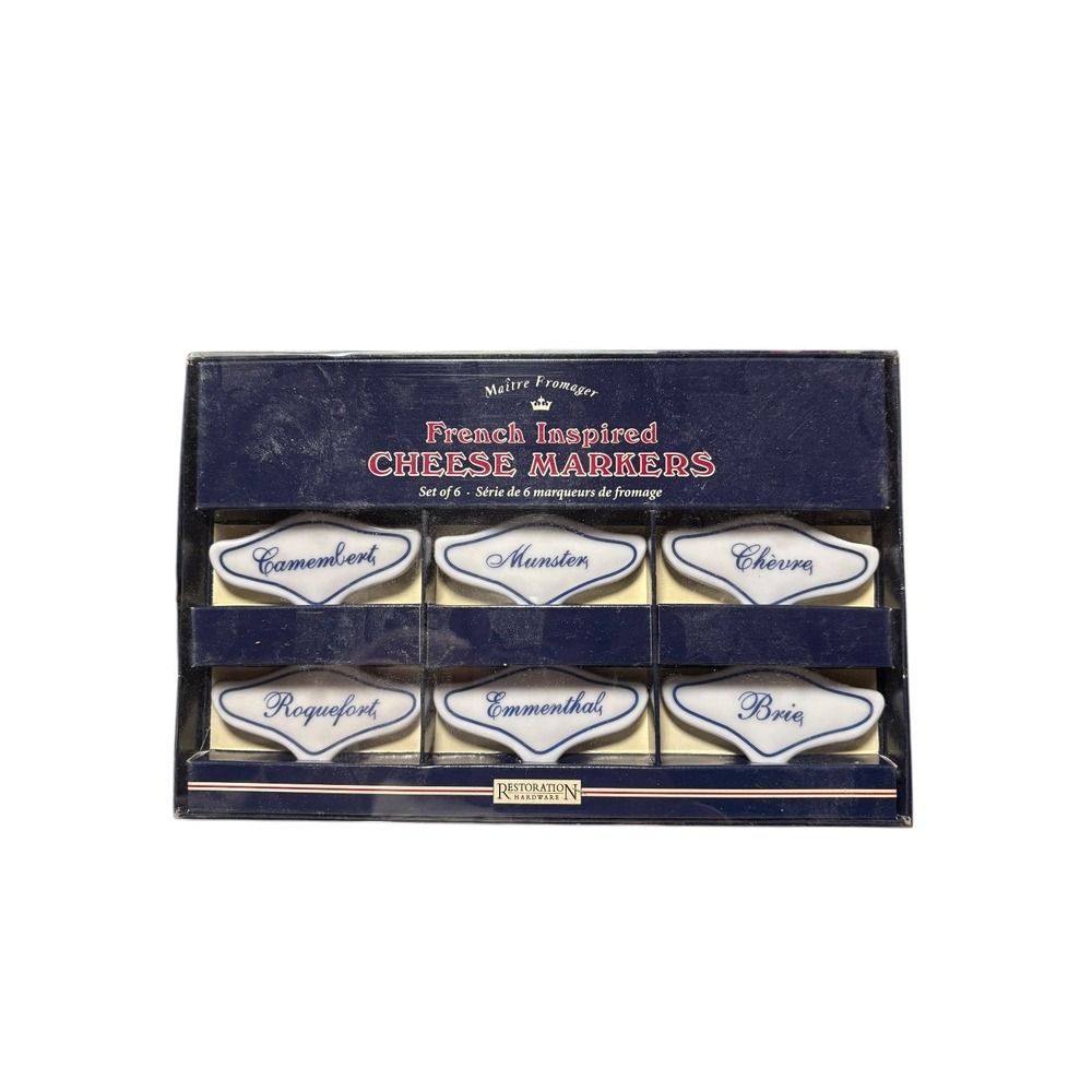 Restoration Hardware French Inspired Cheese Markers Set of 6 Ceramic White Blue